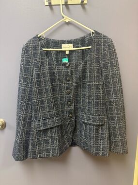 Checked Navy Tweed Button-Front Blazer